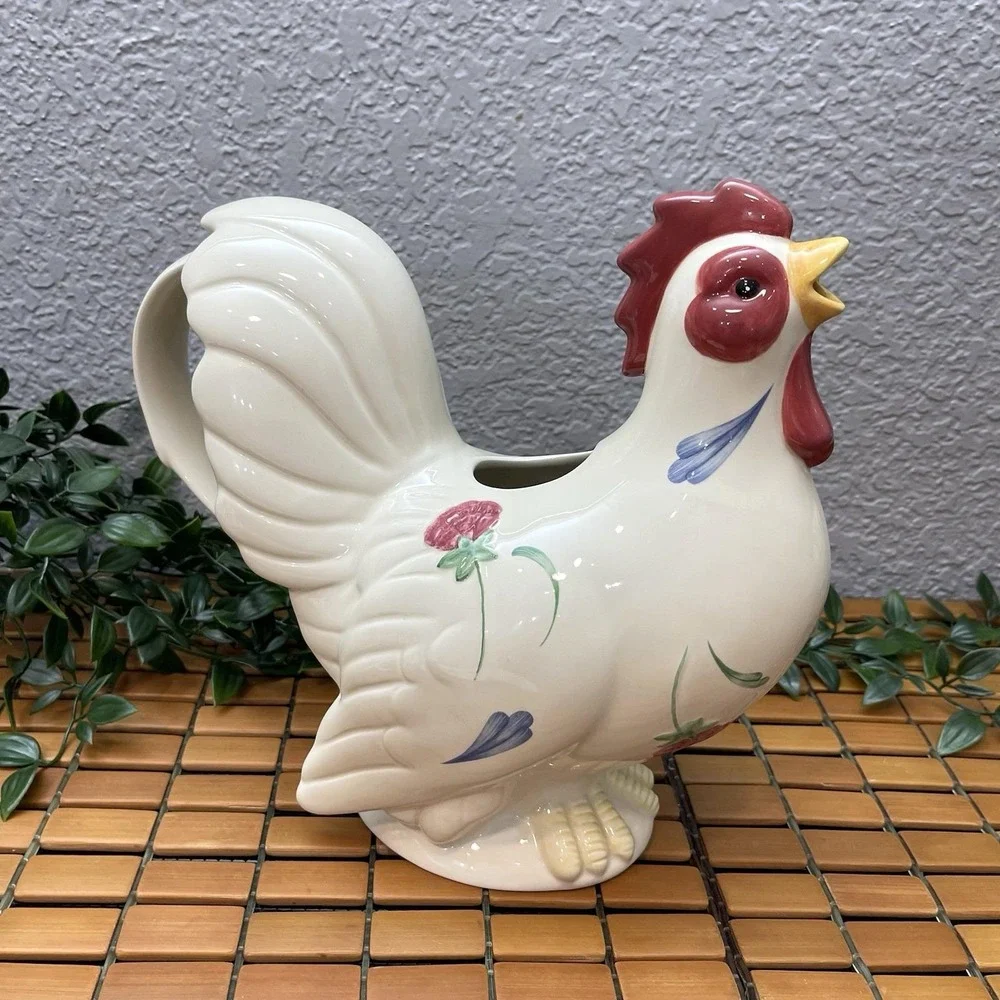 Vintage Lenox Poppies on Blue Barnyard Collection Rooster Pitcher Ceramic Large